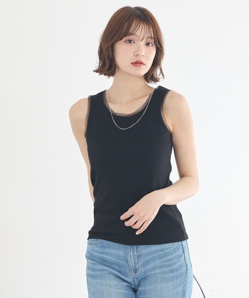 earth music&ecology（アースミュージックアンドエコロジー）の「エッジチュールラメテレコタンクトップ（タンクトップ・レディース・アイボリー/ベージュ/グレー/ブラック・S/M）」の6枚目の写真