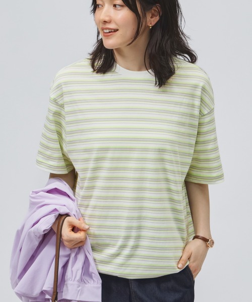 adidas(アディダス)の「アディダス adidas スタジアム クローム オーバーサイズフィット マルチストライプ 半袖Tシャツ(Tシャツ/カットソー・レディース・オフホワイト/ブラック/ベージュ・M/L)」の2枚目の写真