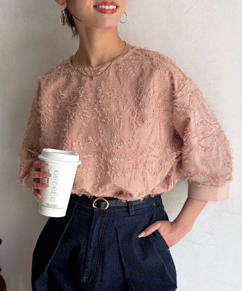 Chez toi(シェトワ)の「リブ切替花柄JQプルオーバー(シャツ/ブラウス・レディース・ブラック/オレンジ/ホワイト系その他・FREE)」の3枚目の写真