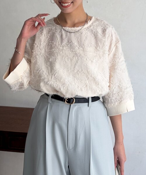 Chez toi(シェトワ)の「リブ切替花柄JQプルオーバー(シャツ/ブラウス・レディース・ブラック/オレンジ/ホワイト系その他・FREE)」の7枚目の写真