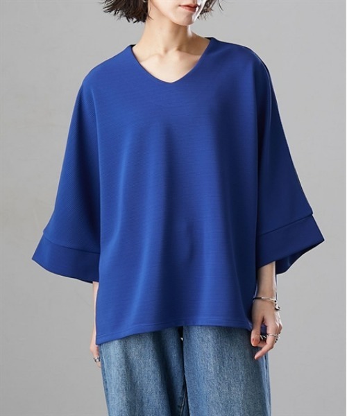 Soiunique（スワユニーク）の「Vネックゆったりサイズ7分袖トップス ［Soiunique］（Tシャツ/カットソー・レディース・ブルー/オフホワイト/ブラック・L～LL/M～Ｌ）」の16枚目の写真