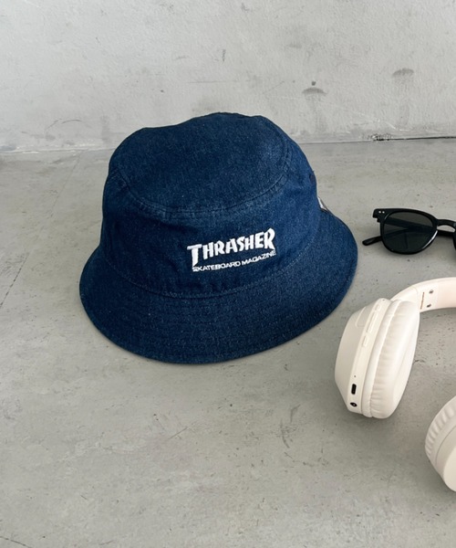 THRASHER（スラッシャー）の「THRASHER MAGAZINE ロゴ刺繍 キッズ ベーシックバケットハット（ハット・キッズ・ベージュ/ブルー/ブラック・54cm）」の6枚目の写真