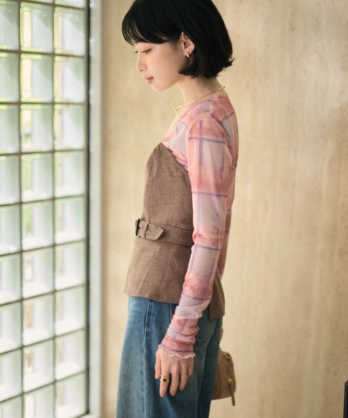 LAULEN（ローレン）の「gradation check sheer tops /グラデーションチェックシアーVネックトップス（Tシャツ/カットソー・レディース・ピンク/ブルー・FREE）」の15枚目の写真