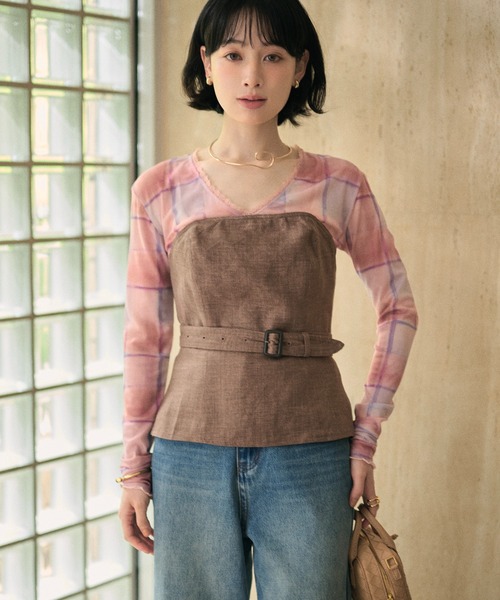 LAULEN（ローレン）の「gradation check sheer tops /グラデーションチェックシアーVネックトップス（Tシャツ/カットソー・レディース・ピンク/ブルー・FREE）」の14枚目の写真