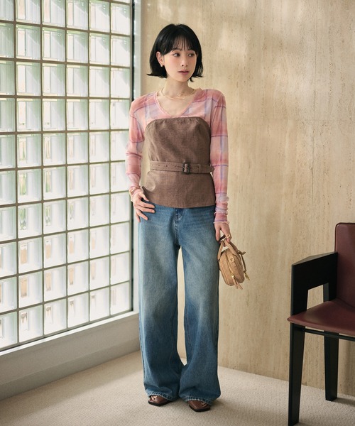LAULEN（ローレン）の「gradation check sheer tops /グラデーションチェックシアーVネックトップス（Tシャツ/カットソー・レディース・ピンク/ブルー・FREE）」の5枚目の写真