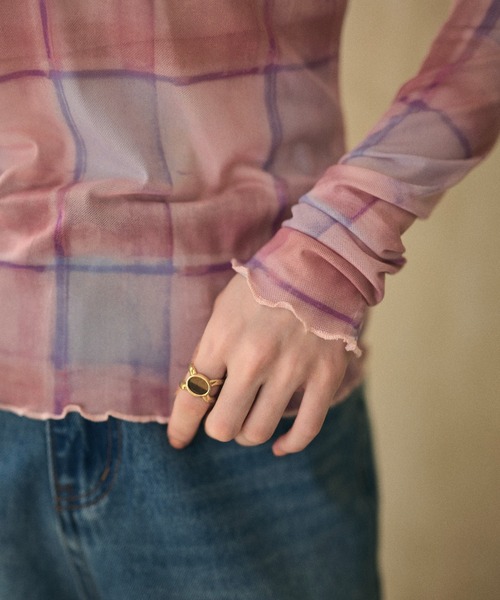LAULEN（ローレン）の「gradation check sheer tops /グラデーションチェックシアーVネックトップス（Tシャツ/カットソー・レディース・ピンク/ブルー・FREE）」の7枚目の写真