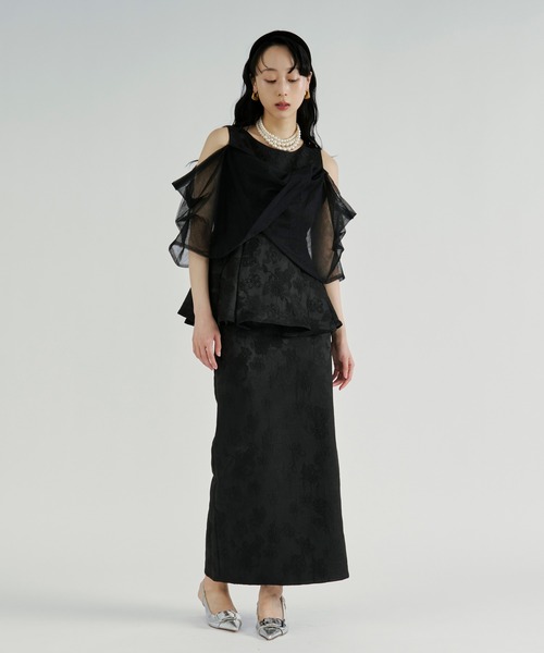 Ezick（エジック）の「Jacquard Cross Tulle Setup Dress/ジャガードクロスチュールセットアップドレス【2点セット】（ドレス・レディース・ネイビー/ブラック・FREE）」の2枚目の写真