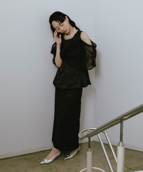 Ezick（エジック）の「Jacquard Cross Tulle Setup Dress/ジャガードクロスチュールセットアップドレス【2点セット】（ドレス・レディース・ネイビー/ブラック・FREE）」の4枚目の写真