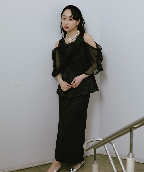 Ezick（エジック）の「Jacquard Cross Tulle Setup Dress/ジャガードクロスチュールセットアップドレス【2点セット】（ドレス・レディース・ネイビー/ブラック・FREE）」の3枚目の写真