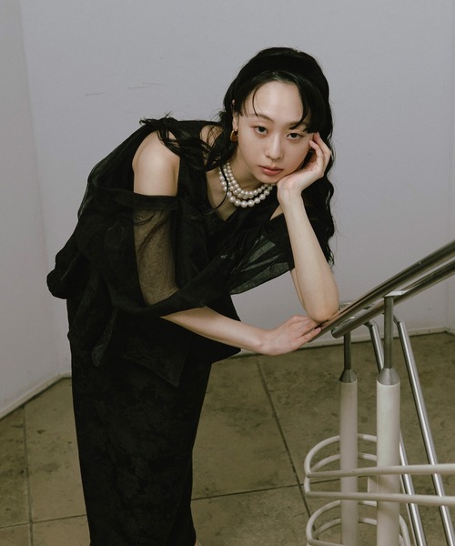 Ezick（エジック）の「Jacquard Cross Tulle Setup Dress/ジャガードクロスチュールセットアップドレス【2点セット】（ドレス・レディース・ネイビー/ブラック・FREE）」の5枚目の写真