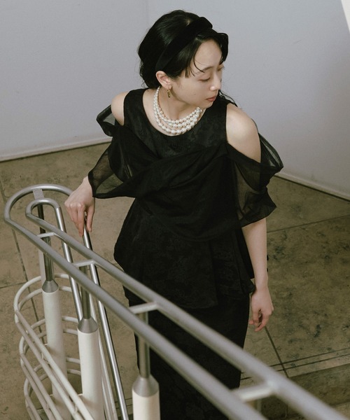 Ezick（エジック）の「Jacquard Cross Tulle Setup Dress/ジャガードクロスチュールセットアップドレス【2点セット】（ドレス・レディース・ネイビー/ブラック・FREE）」の6枚目の写真