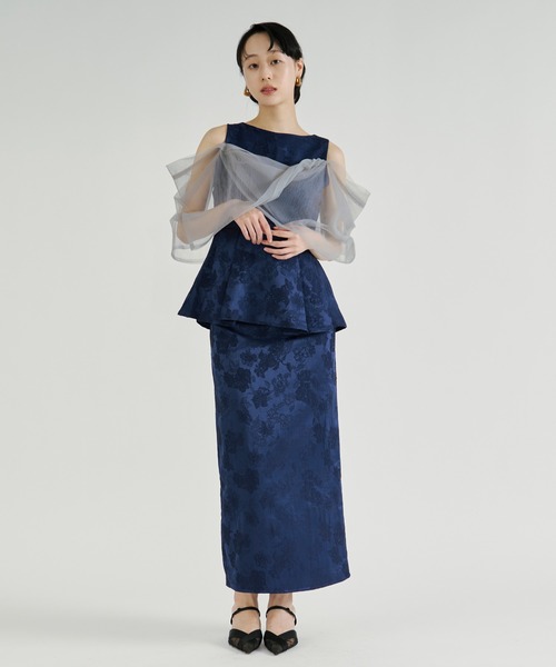 Ezick（エジック）の「Jacquard Cross Tulle Setup Dress/ジャガードクロスチュールセットアップドレス【2点セット】（ドレス・レディース・ネイビー/ブラック・FREE）」の7枚目の写真