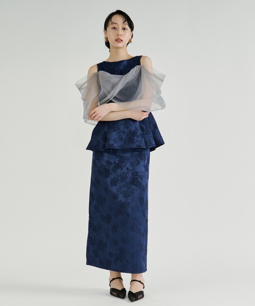 Ezick（エジック）の「Jacquard Cross Tulle Setup Dress/ジャガードクロスチュールセットアップドレス【2点セット】（ドレス・レディース・ネイビー/ブラック・FREE）」の8枚目の写真