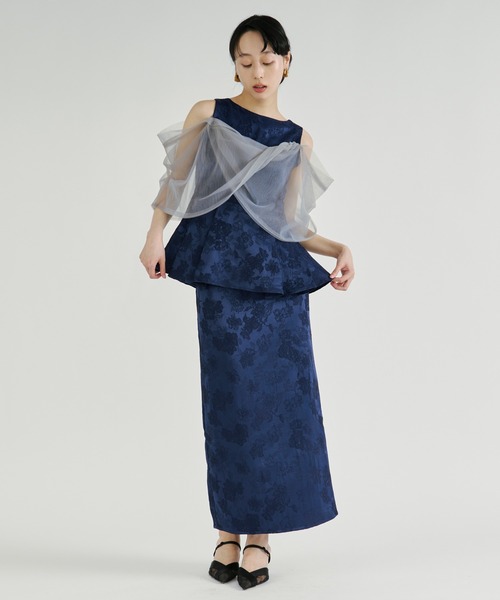 Ezick（エジック）の「Jacquard Cross Tulle Setup Dress/ジャガードクロスチュールセットアップドレス【2点セット】（ドレス・レディース・ネイビー/ブラック・FREE）」の9枚目の写真