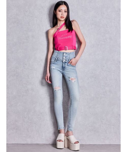 GYDA(ジェイダ)の「ハイウエストバッククロスダメージスキニーデニムパンツ(デニムパンツ・レディース・ライトブルー/ブラック・MEDIUM/SMALL/X-SMALL)」の4枚目の写真