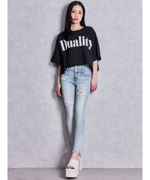 GYDA(ジェイダ)の「ハイウエストバッククロスダメージスキニーデニムパンツ(デニムパンツ・レディース・ライトブルー/ブラック・MEDIUM/SMALL/X-SMALL)」の7枚目の写真