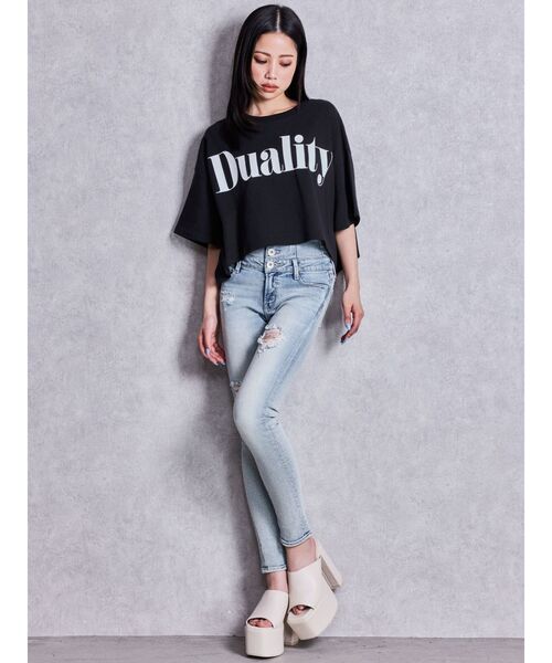 GYDA(ジェイダ)の「ハイウエストバッククロスダメージスキニーデニムパンツ(デニムパンツ・レディース・ライトブルー/ブラック・MEDIUM/SMALL/X-SMALL)」の8枚目の写真
