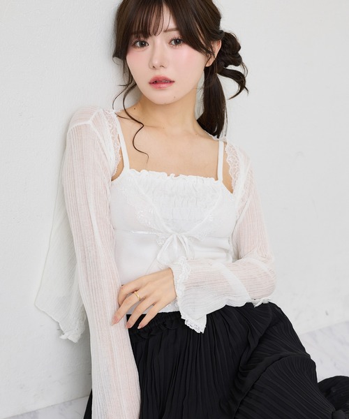 one after another NICE CLAUP(ワンアフターアナザーナイスクラップ)の「【アンサンブル可能/インナー別売り】レース付きリブカーディガン(カーディガン/ボレロ・レディース・サックスブルー/ブラック/ピンク/オフホワイト/ピンク系その他・FREE)」の1枚目の写真