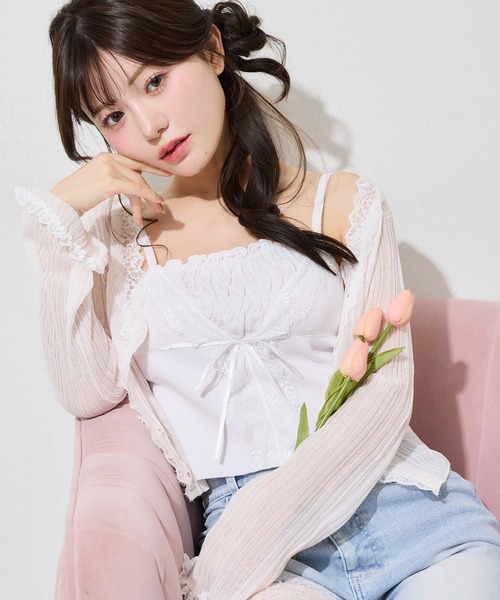 one after another NICE CLAUP(ワンアフターアナザーナイスクラップ)の「【アンサンブル可能/インナー別売り】レース付きリブカーディガン(カーディガン/ボレロ・レディース・サックスブルー/ブラック/ピンク/オフホワイト/ピンク系その他・FREE)」の4枚目の写真