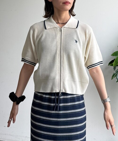 U.S. POLO ASSN.（ユーエスポロアッスン）の「襟付きジップ半袖カーディガン（カーディガン/ボレロ・レディース・レッド/グレー/ネイビー/アイボリー・FREE）」の12枚目の写真