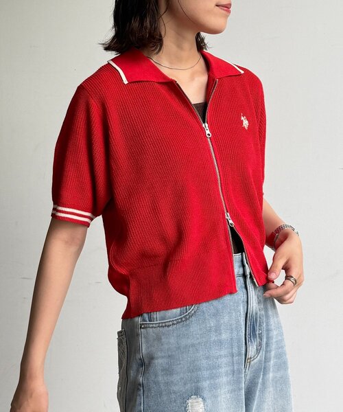 U.S. POLO ASSN.（ユーエスポロアッスン）の「襟付きジップ半袖カーディガン（カーディガン/ボレロ・レディース・レッド/グレー/ネイビー/アイボリー・FREE）」の20枚目の写真