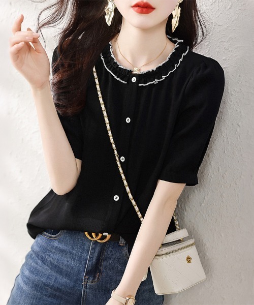 ONEP STAR(ワンピスター)の「配色フリルカラーブラウス(シャツ/ブラウス・レディース・ホワイト/ブラック・MEDIUM/X-LARGE/LARGE)」の2枚目の写真