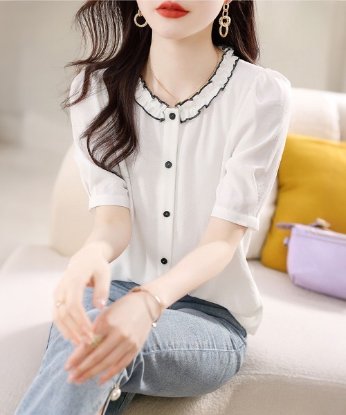ONEP STAR(ワンピスター)の「配色フリルカラーブラウス(シャツ/ブラウス・レディース・ホワイト/ブラック・MEDIUM/X-LARGE/LARGE)」の6枚目の写真