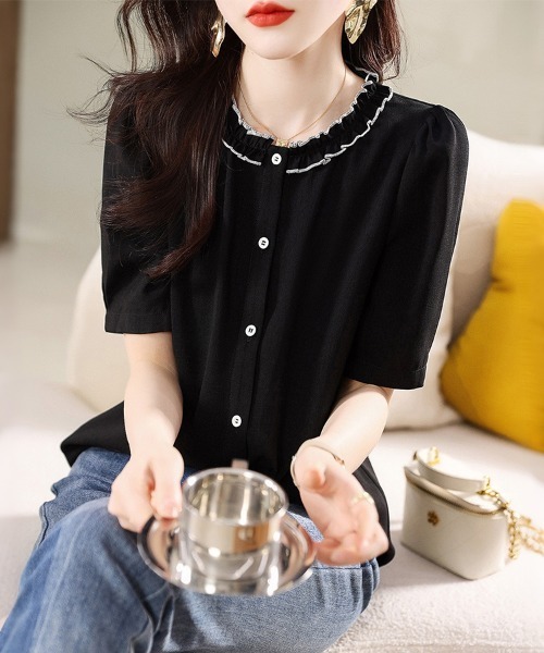 ONEP STAR(ワンピスター)の「配色フリルカラーブラウス(シャツ/ブラウス・レディース・ホワイト/ブラック・MEDIUM/X-LARGE/LARGE)」の10枚目の写真