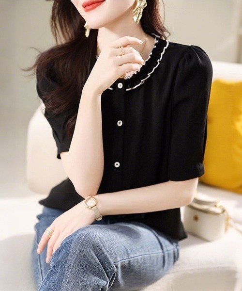 ONEP STAR(ワンピスター)の「配色フリルカラーブラウス(シャツ/ブラウス・レディース・ホワイト/ブラック・MEDIUM/X-LARGE/LARGE)」の11枚目の写真