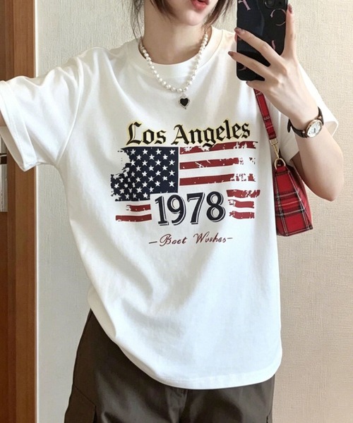 2ly2(トゥーリートゥー)の「アメリカンフラッグプリント オーバーサイズ半袖Tシャツ レディース(Tシャツ/カットソー・レディース・ネイビー/ホワイト・FREE)」の1枚目の写真
