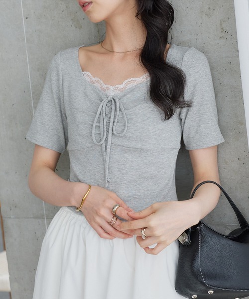 KOBE LETTUCE(コウベレタス)の「フロントレースギャザーリボントップス(Tシャツ/カットソー・レディース・杢グレー/アイボリー/イエロー・M)」の10枚目の写真