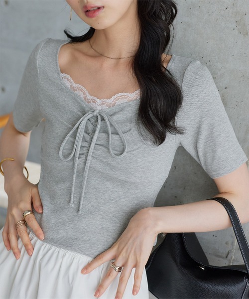 KOBE LETTUCE(コウベレタス)の「フロントレースギャザーリボントップス(Tシャツ/カットソー・レディース・杢グレー/アイボリー/イエロー・M)」の11枚目の写真