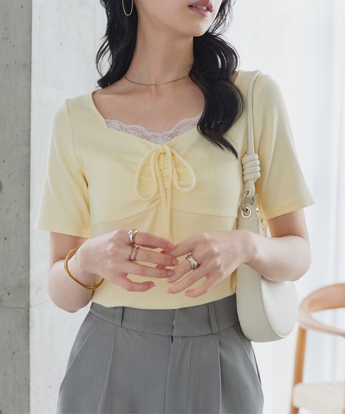 KOBE LETTUCE(コウベレタス)の「フロントレースギャザーリボントップス(Tシャツ/カットソー・レディース・杢グレー/アイボリー/イエロー・M)」の15枚目の写真