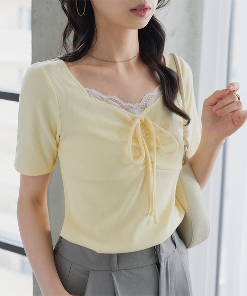 KOBE LETTUCE(コウベレタス)の「フロントレースギャザーリボントップス(Tシャツ/カットソー・レディース・杢グレー/アイボリー/イエロー・M)」の16枚目の写真