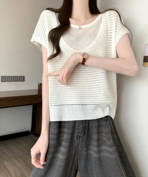 AMAJI(アマジ)の「アイレットレース シアー サマーニット 半袖トップス(ニット/セーター・レディース・ベージュ/ブラウン/グレー・FREE)」の4枚目の写真