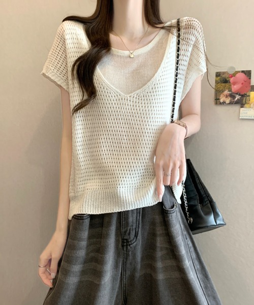 AMAJI(アマジ)の「アイレットレース シアー サマーニット 半袖トップス(ニット/セーター・レディース・ベージュ/ブラウン/グレー・FREE)」の5枚目の写真