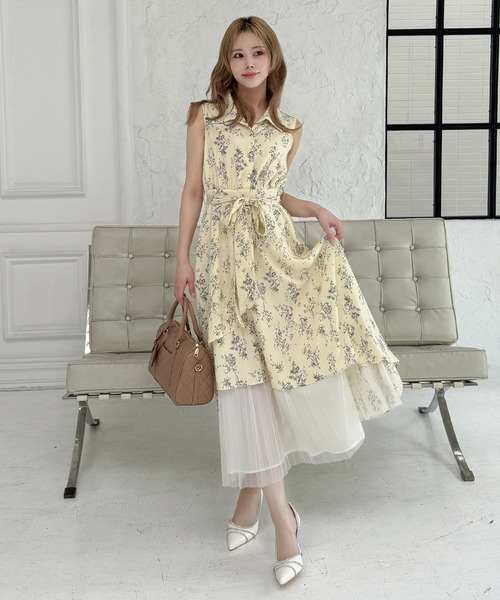 ROYAL PARTY(ロイヤルパーティー)の「シアープリーツドッキングフラワーシャツワンピース(シャツワンピース・レディース・ブラック/オフホワイト/イエロー・FREE)」の3枚目の写真
