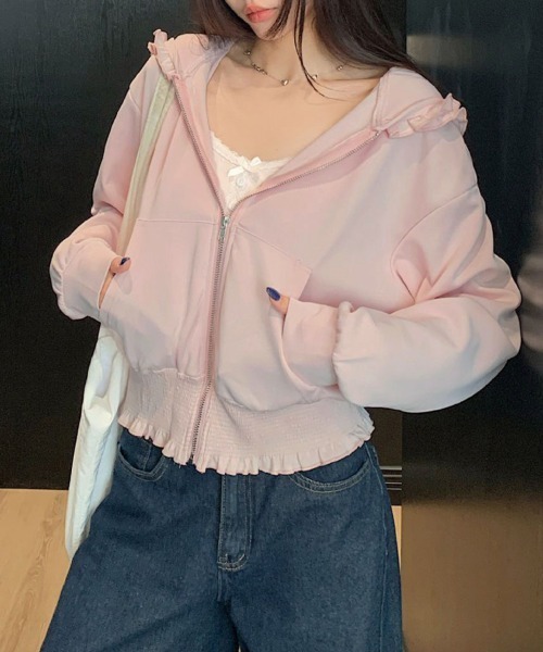 ReRe（リリ）の「フリルデザインジップアップパーカー（パーカー・レディース・グレー/ピンク・MEDIUM/LARGE/X-LARGE）」の3枚目の写真