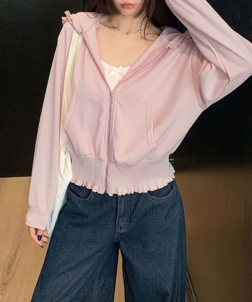 ReRe（リリ）の「フリルデザインジップアップパーカー（パーカー・レディース・グレー/ピンク・MEDIUM/LARGE/X-LARGE）」の4枚目の写真