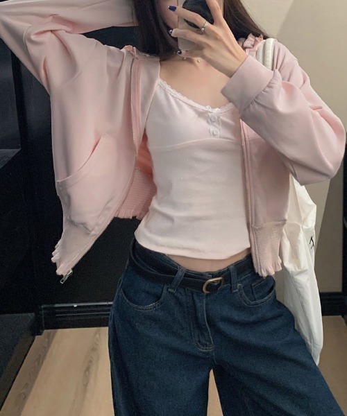 ReRe（リリ）の「フリルデザインジップアップパーカー（パーカー・レディース・グレー/ピンク・MEDIUM/LARGE/X-LARGE）」の5枚目の写真