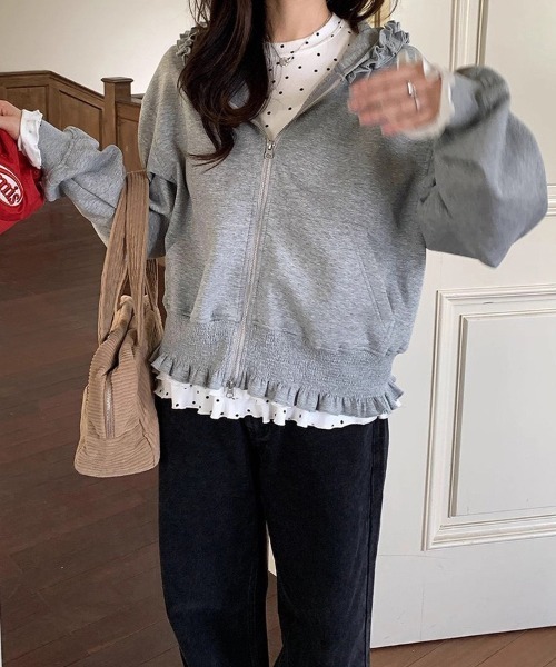 ReRe（リリ）の「フリルデザインジップアップパーカー（パーカー・レディース・グレー/ピンク・MEDIUM/LARGE/X-LARGE）」の8枚目の写真