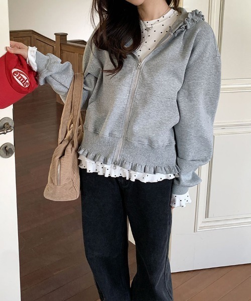ReRe（リリ）の「フリルデザインジップアップパーカー（パーカー・レディース・グレー/ピンク・MEDIUM/LARGE/X-LARGE）」の9枚目の写真