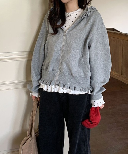 ReRe（リリ）の「フリルデザインジップアップパーカー（パーカー・レディース・グレー/ピンク・MEDIUM/LARGE/X-LARGE）」の10枚目の写真