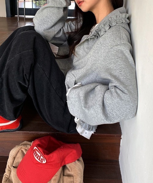 ReRe（リリ）の「フリルデザインジップアップパーカー（パーカー・レディース・グレー/ピンク・MEDIUM/LARGE/X-LARGE）」の12枚目の写真