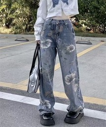 フラワー プリント ワイド デニムパンツ