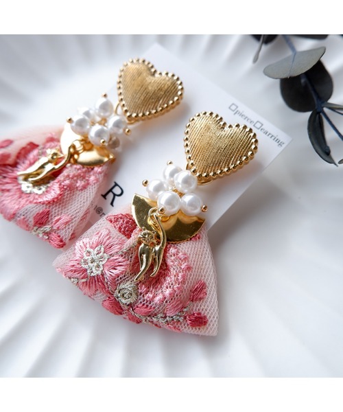 tone（トーン）の「【R】1092　2wayハート×刺繍リボンピアス(MA)（ピアス（両耳用）・レディース・ピンク・FREE）」の2枚目の写真