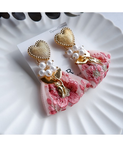 tone（トーン）の「【R】1092　2wayハート×刺繍リボンピアス(MA)（ピアス（両耳用）・レディース・ピンク・FREE）」の4枚目の写真
