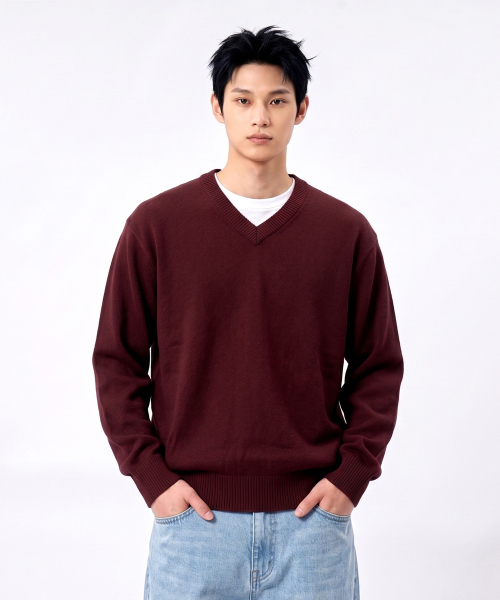 UNDEROFF(アンダーオフ)の「ソフトタッチ クロップド Vネック ニット ダークレッド(ニット/セーター・レディース・レンガ・MEDIUM/LARGE/X-LARGE)」の2枚目の写真