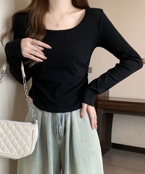 2ly2(トゥーリートゥー)の「スクエアネック 長袖カットソー ストレッチ トップス インナー(Tシャツ/カットソー・レディース・ブラック/ホワイト/ベージュ/グレー・FREE)」の2枚目の写真