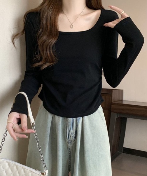 2ly2(トゥーリートゥー)の「スクエアネック 長袖カットソー ストレッチ トップス インナー(Tシャツ/カットソー・レディース・ブラック/ホワイト/ベージュ/グレー・FREE)」の9枚目の写真